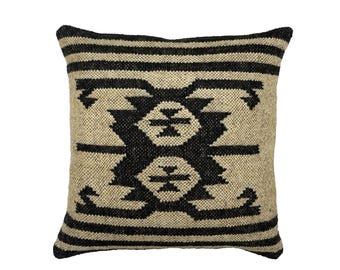 Jute Kilim Pillow Cover Handmade – Bohemian Geometric Tribal Cushion for Rustic Home Decor, Boho Ethnic Handmade Rustic Throw Cushion