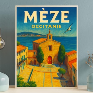 Vintage tourist poster Mèze, printable poster of the Thau Hérault lagoon, Occitanie wall decoration, French Travel Poster