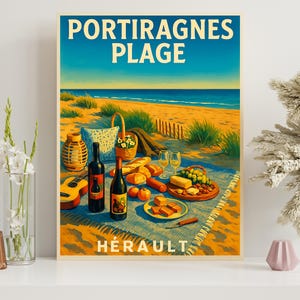 Portiragnes beach poster Hérault, vintage wall decoration, printable poster Occitanie