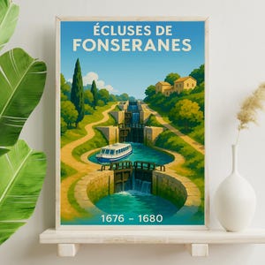 Fonseranes Locks Poster, Canal du Midi Béziers, Vintage Tourist Poster, Travel Poster in France, Art Poster