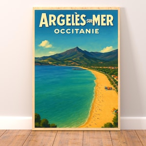 Strandplakat von Argeles-sur-Mer, Pyrénées-Orientales, Wanddekoration Okzitanien, druckbares Plakat
