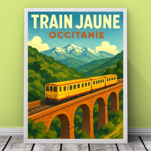 Yellow Train Poster Pyrenees, Pyrenees-Orientales region, Vintage tourist poster, Travel poster in France, Art poster
