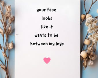 May include: A white card with the text "your face looks like it wants to be between my legs" and a pink heart. The card is surrounded by dried flowers and set against a light blue background.