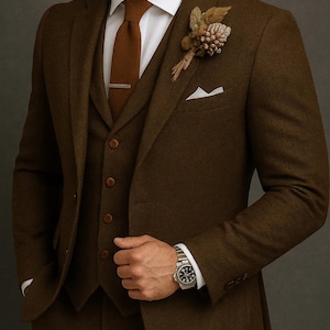 3 piece tweed Brown Woolen Suit | Special Wedding Suit for Groomsmen | Custom Tailored Suit , Three piece tweed suit for men.