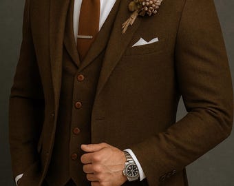 3 piece tweed Brown Woolen Suit | Special Wedding Suit for Groomsmen | Custom Tailored Suit , Three piece tweed suit for men.