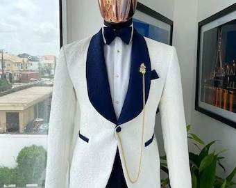 White floral tuxedo for men , Velvet Lapel and waistcoat and trouser set