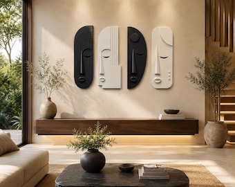 Monochrome Wooden Face Sculptures Set | Minimalist Abstract Nordic Wall Art