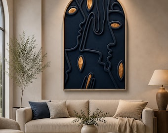 Abstract Face Arch Wall Art, 3D Navy Gold MDF Decor, Japandi Living Room Hanging