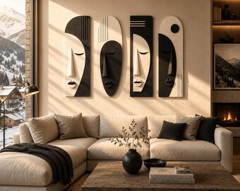 Set of 4 Black and White Abstract Face Wall Art, Modern Minimalist Sculptural Decor