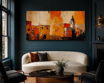 Handpainted Cityscape Wood Pallet Art | Terracotta Abstract Town Painting, Rustic Textured Wall Hanging