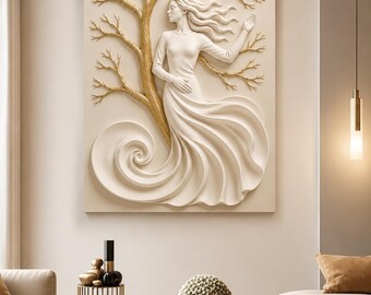 Woman Tree Wall Art, 3D Relief Sculpture, Gold White Modern Decor