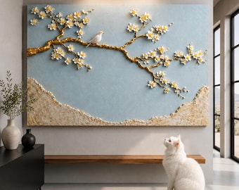 3D Cherry Blossom Panel, Textured Floral Bird Decor, Blue Gold Nature Accent