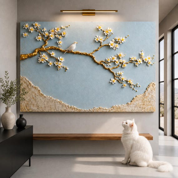 3D Cherry Blossom Wall Art with Bird | Textured Blue Gold Nature Decor