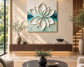 3D Lotus Flower Wooden Wall Art | Glossy White Sculpted Panel, Teal Ombre Botanical Decor