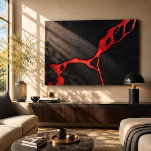 May include: A large rectangular wall art piece featuring a textured black background with a vibrant, glossy red organic shape resembling flowing lava or a branching vein pattern that spans across the center of the canvas in a horizontal orientation.