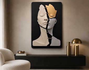 Abstract Couple Wall Art, 3D Sculptural Face Decor, Modern Metallic Accents