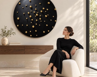 Black Round Wall Art, Gold Dot Accent, Modern Statement Decor