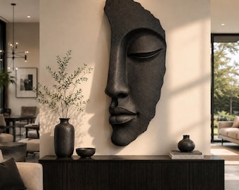 Large Black Face Wall Sculpture | Textured Torn Edge Statement Art