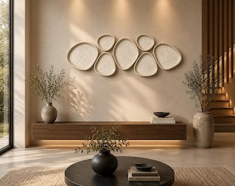 Organic Pebble Wall Art Set | Textured Coral Panels, Gold Frame (Set of 7)