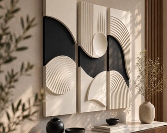 3D Wave Arc Wall Art Set | Black Cream Textured Sculptural Panels