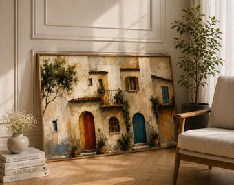 Handpainted Tuscan Villa Artwork, Rustic Mediterranean Wood Panel Painting