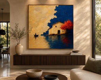 Hand Painted Textured Landscape Wood Panel Art, Modern Lake House Decor, Framed Wall Hanging