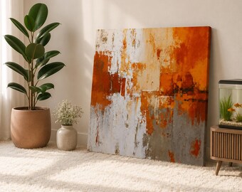 Hand-Painted Textured Abstract Canvas Art | Orange White Palette Knife Painting, Living Room Wall Decor