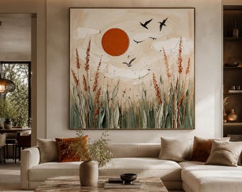 Handpainted Meadow Wall Art | Terracotta Sun, Wild Grass, Birds Painting | Wood Pallet Textured Canvas