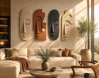 Four-Piece Abstract Face Wall Sculpture, Contemporary Neutral Modern Art, Living Room Decoration