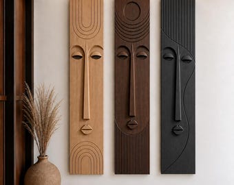 Set of 3 Abstract Face Wooden Wall Art Panels, Japandi Scandinavian Boho Decor