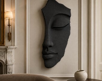 Large Black Face Wall Sculpture | Textured Torn Edge Statement Art