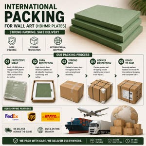 May include: An infographic detailing international packing for wall art using HDHMR plates. It displays a stack of green plates, a five-step process with protective wrap, foam, corrugated boxes, corner guards, and shipping labels, plus logistics icons.