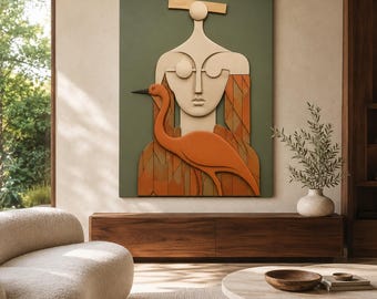 3D Abstract Woman Crane Wall Art, Textured Surrealist Wood Panel, Japandi Sage Green