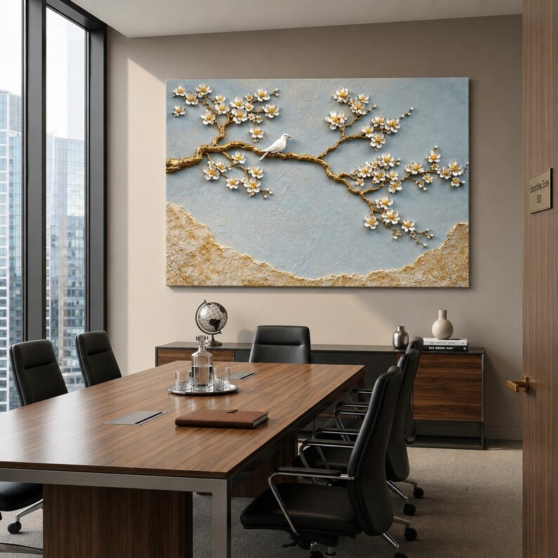 May include: A rectangular wall art piece featuring a textured light blue background with a prominent gold-colored tree branch extending across the center. White blossoms adorn the branch, and a small white bird sits perched upon it.