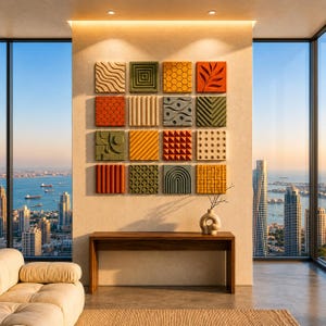 May include: A decorative wall art installation comprising sixteen square panels with diverse textured patterns and colours. The panels are arranged in a grid, above a wooden console table and a vase. The room has large windows with a city skyline view.