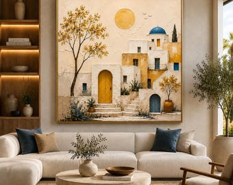 Handpainted Santorini Village Wall Art | Blue Dome House, Golden Tree Texture