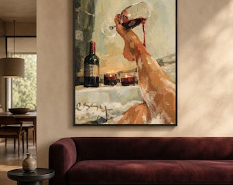 Vintage Wine Woman Wall Art, Painterly Red Wine Tasting Decor (Canvas Print)