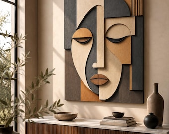 Abstract Geometric Face Wood Wall Art, Japandi Mid-Century Relief Sculpture