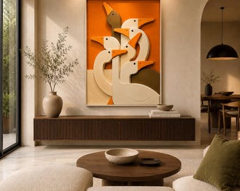Abstract Geese Wall Art | Orange Framed Sculptural Panel, Mid Century Modern Bird Decor