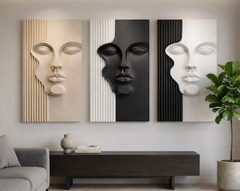 Abstract Face Wall Art, 3D Textured Neutral Sculpture, Modern Living Room Decor