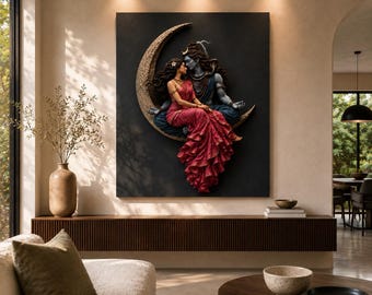Handcrafted 3D Shiv Parvati Crescent Moon Wall Art, Textured Hindu Spiritual Decor