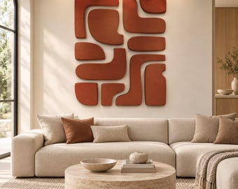 Abstract Terracotta Geometric Wall Art, Modern Sculptural Wood Decor