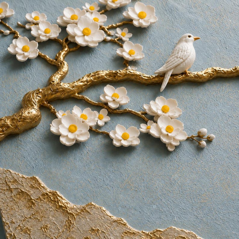 May include: A three-dimensional wall art piece featuring a textured gold branch extending across a light blue background. White flowers with bright yellow centers are attached to the branch, and a white bird is perched on the golden limb.