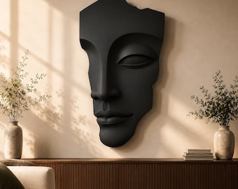Textured Black Face Wall Sculpture | Stone-Look Serene Art, Teardrop Accents