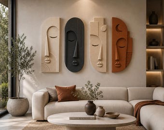 Abstract Face Wall Art Set, Modern Sculptural Decor, Boho Living Room Panels