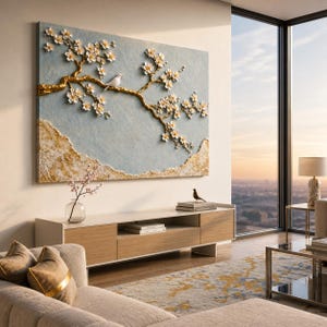May include: A rectangular wall art piece featuring a textured light blue background with a raised gold-colored tree branch. The branch is adorned with white blossoms and a small white bird. The bottom edge has a textured gold and white finish.