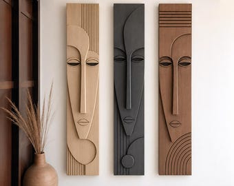 Set of 3 Abstract Mask Wood Wall Art, Japandi Minimalist Face Panels