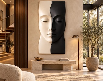 3D Abstract Face Panel, Carved Wooden Decor, Modern Neutral Sculptural Art, Housewarming
