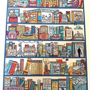 May include: A detailed illustration of a bookshelf, showcasing numerous books with distinct titles and designs. The artwork is vibrant, with text including "The Curious Case of Benjamin Button". The image has a literary and artistic theme, with a variety of colours.
