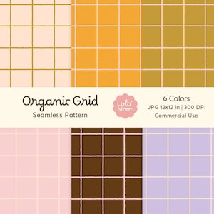 Op de afbeelding: Een digitale grafische weergave van zes naadloze rasterpatronen in verschillende kleuren, waaronder lichtroze, geel, mosterd, lichtpaars en donkerbruin. De tekst luidt Organic Grid Seamless Pattern, Lola Moon, 6 Colors, JPG 12x12 in, 300 DPI.